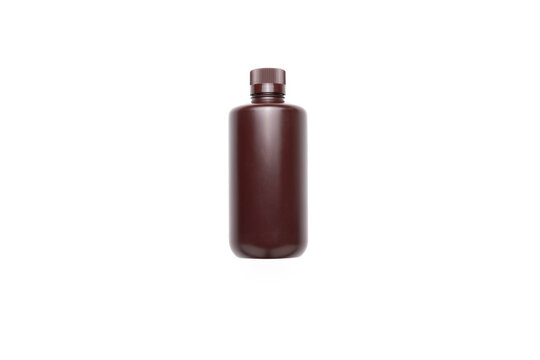 Brown, amber, high density polyethylene, (HDPE), reagent bottle with narrow mouth on a white background.