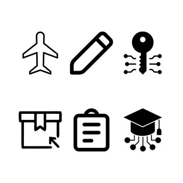 A 2x3 grid featuring 6 minimalist, monochrome UI icons. These flat vector assets cover a diverse range of functions, including travel, content creation, digital security, logistics, task management