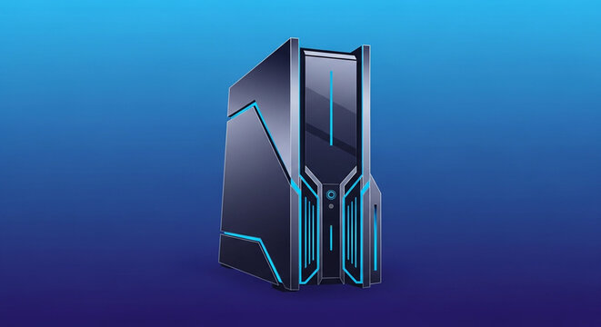 Modern gaming computer tower vector illustration with glowing blue light accents