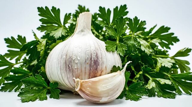 Fresh garlic bulb with clove and vibrant parsley leaves against a white background with soft light