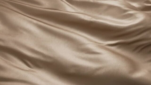 Close-up of smooth, flowing beige satin fabric with soft folds and highlights creating a texture