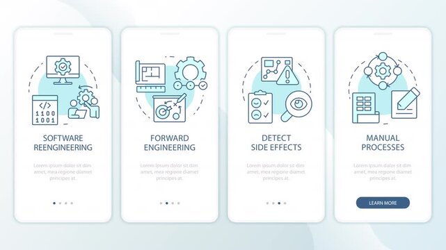 Software reengineering strategies animated onboarding mobile app screens. Engineering workflow. UI layout animation with cyan line concept icons. Modern flat interface style motion graphics