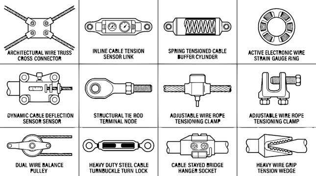 Technical illustration of architectural wire truss connectors and cable tension hardware components.