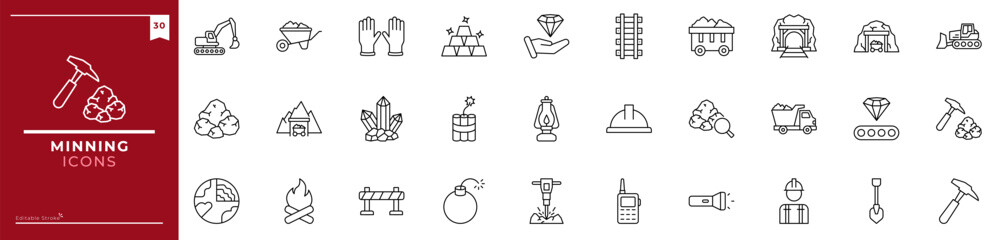 Naklejka premium Minning, Outline icons collection. Simple vector illustration. diamond, gold, truck, mine, mineral, coal, miner and more