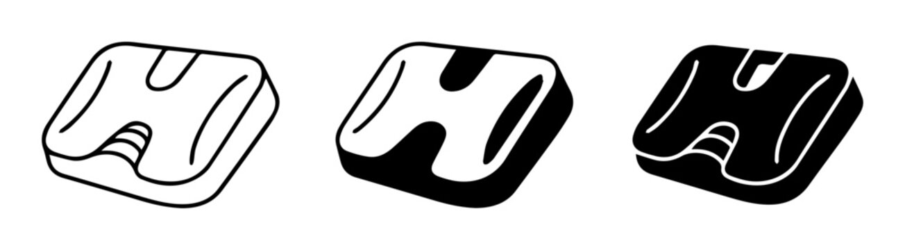 Orthopedic Seat Cushion Icons, Ergonomic Support, Black and White Vector Graphics