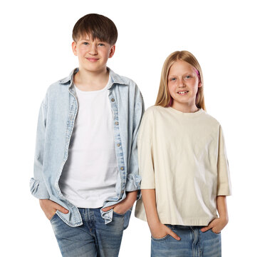 Portrait of brother and sister on white background