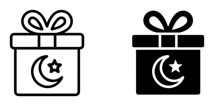 Ramadan gift box icons, crescent moon and star symbols, black and white vector illustrations, Eid Mubarak present boxes