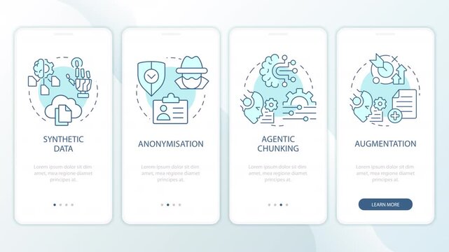 AI privacy frameworks animated onboarding mobile app screens. Data compliance. Programming methodology. UI layout animation with cyan line concept icons. Modern flat interface style motion graphics