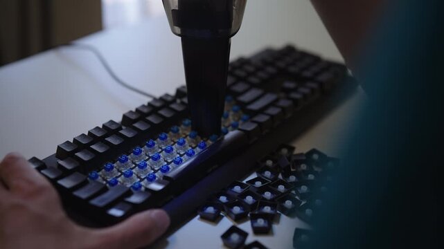 Close-up of person using handheld vacuum cleaner to remove dust and debris from blue switches of disassembled mechanical keyboard during routine maintenance and cleaning process, slow motion