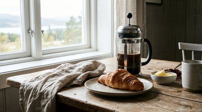 Fresh croissant on plate with French press coffee and butter indoors  
