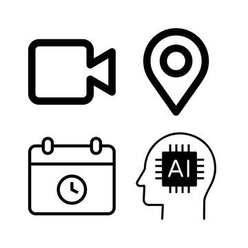 A 2x2 grid featuring 4 minimalist, monochrome UI icons. These flat vector assets represent key interface functions: video recording, location tracking, time scheduling, and artificial intelligence.