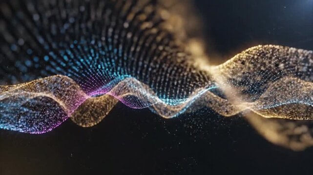 Close-up of shimmering golden and blue particle waves undulating with soft bokeh lights in the background on a dark canvas