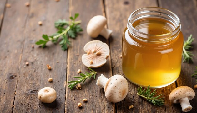 Mushrooms and jar of honey on rustic wooden table with herbs  