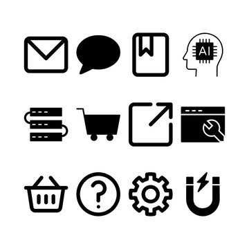Grid of 12 minimalist monochrome UI icons including a mail envelope, chat bubble, bookmark, AI brain, server stack, shopping cart, external link, browser settings, shopping basket, help/question mark,