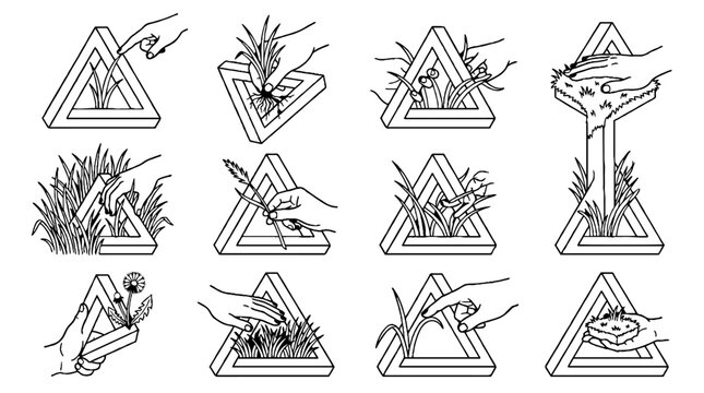 Surreal Penrose Triangle Illustration Set with Hands and Nature Elements.