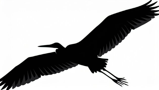black silhouette flying heron on white background