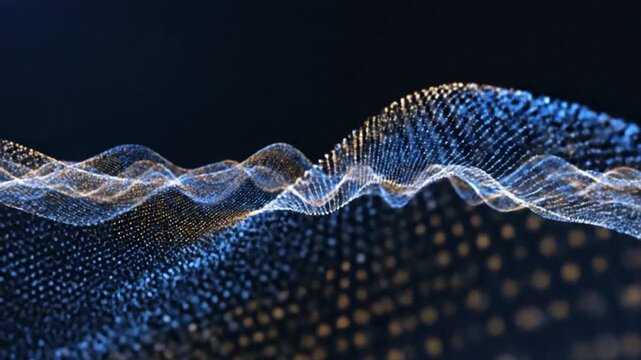 Undulating landscape of golden and blue glowing particles with shallow depth of field on a dark background, creating a sense of depth