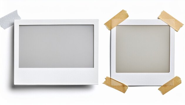 blank white polaroid photo frame with adhesive tape on top and bottom isolated white background for creative collage scrapbook or photo mockup design