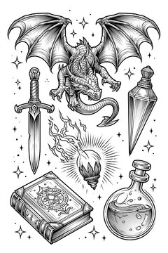 Vintage tattoo flash sheet in black ink line art style Features a mid-roar dragon, crossed swords, open book, mysterious bottle, and array of stars on white background Fantasy theme w - AI-Generated