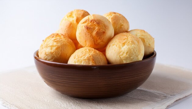 brown bowl filled with cheese bread on table pao de queijo on a white background