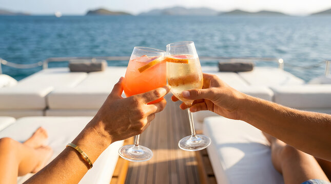 Hands clinking colorful cocktails on a yacht deck with calm sea and islands behind, expressing celebration, leisure, and luxury summer travel