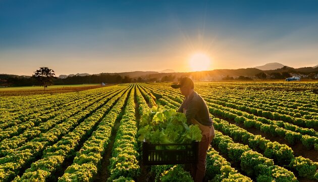 harvesting fresh lettuce in a rural farm field at golden hour