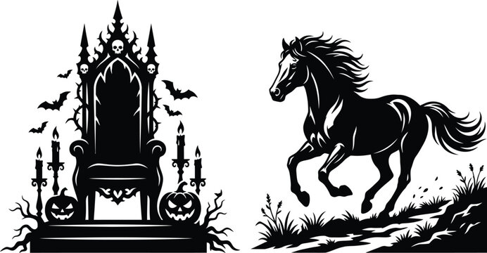 Black and white of a witch on a broomstick with a cauldron moon stars
