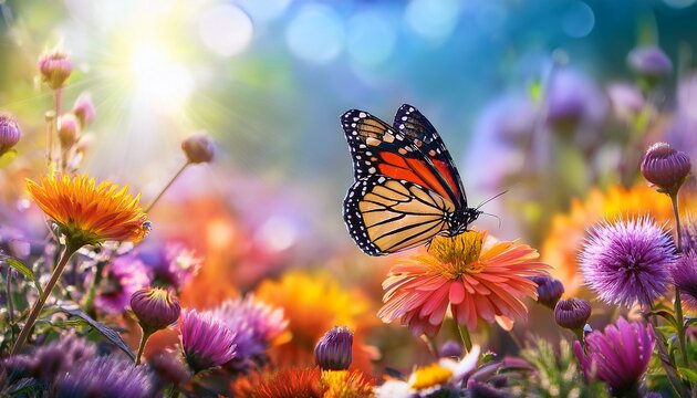 vibrant butterfly in blooming flower garden