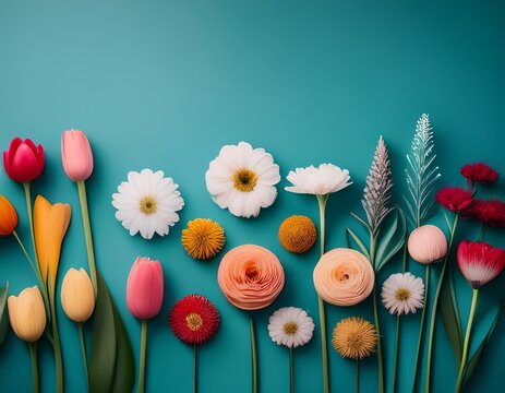 variety of realistic rendered flowers in a row on teal background