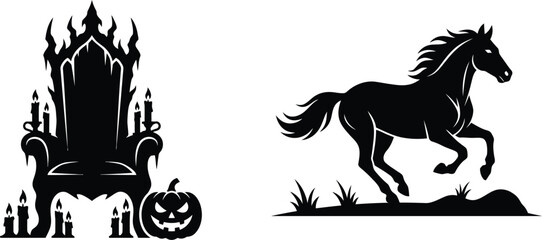 Black horse silhouette with flames, shield and sword emblem © Monir Creatives