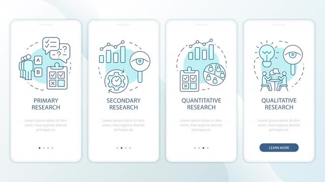 Strategic data collection methodologies animated onboarding mobile app screens. Digital product design. UI layout animation with cyan line concept icons. Modern flat interface style motion graphics