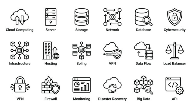 Cloud computing and network infrastructure icon set featuring server database storage vpn cybersecurity firewall api monitoring big data disaster recovery symbols.