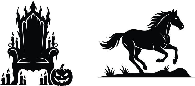 Black horse silhouette with flames, shield and sword emblem