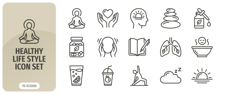 Healthy lifestyle icon set, wellness and mindfulness, yoga, meditation, healthy food, mental health, selfcare, organic products, line vector icons