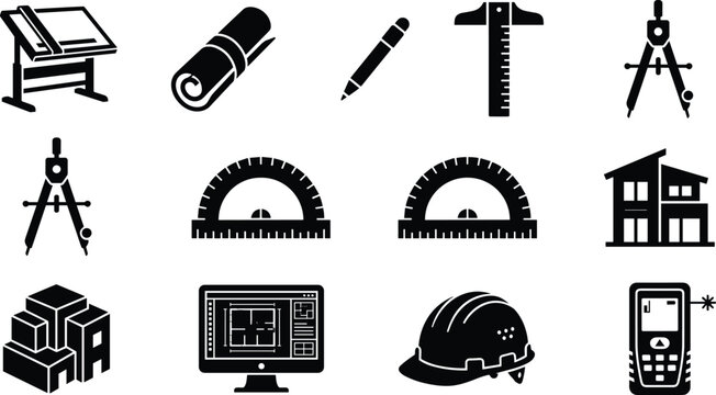 Architecture architectural design building drafting project engineering blueprint planning drawing and construction layout tools icons set