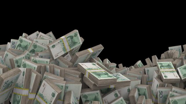 3d animation of 50 chinese yuan banknote stacks moving in a wavy water-like motion on a black background.