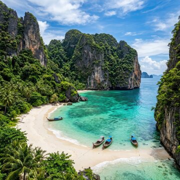 Traditional boats on tropical beach with limestone mountain background.