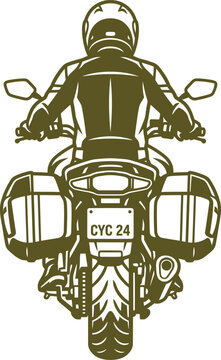 Rear view of touring motorcycle with rider wearing helmet and side luggage pannier cases.
