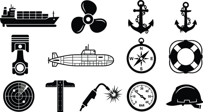 Marine engineering shipbuilding nautical maritime industry and naval vessel repair shipyard equipment tools icons set black silhouettes