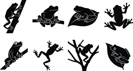 Obraz premium Frog Silhouettes Collection with Tree Frogs Climbing and Resting Isolated on White Background