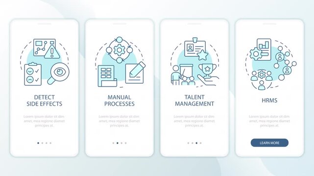 Modern corporate workforce management animated onboarding mobile app screens. Enterprise software. UI layout animation with cyan line concept icons. Modern flat interface style motion graphics