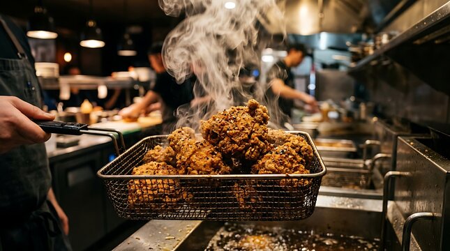 fried chicken in a kitchen setting.