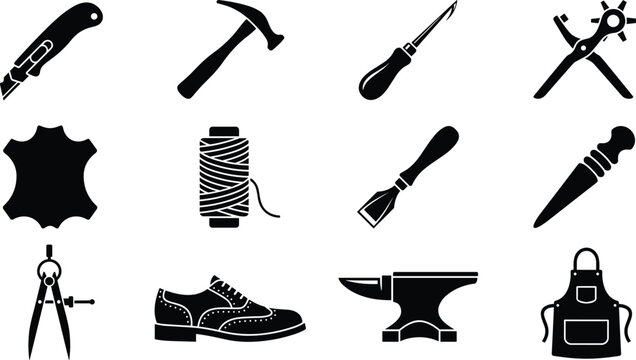 Professional taxidermy workshop craft bone cleaning and animal stuffing preservation tools icons set with black silhouettes isolated