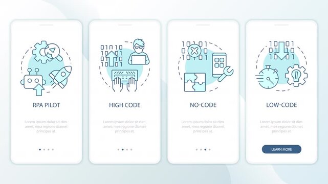 Software development methodologies animated onboarding mobile app screens. Modern application creation. UI layout animation with cyan line concept icons. Modern flat interface style motion graphics