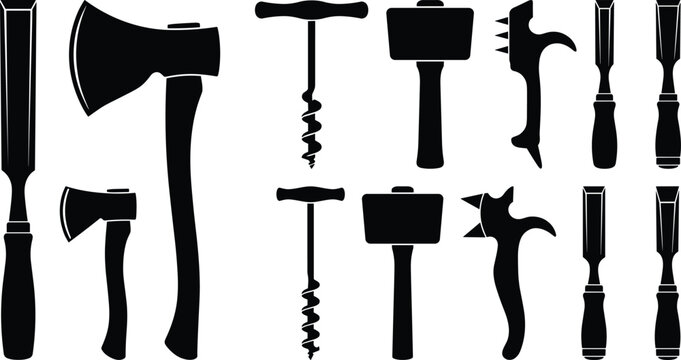 Traditional timber framing woodworking and log building carpentry hand tools icons set with black silhouettes isolated