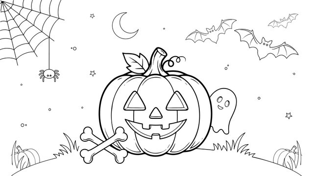 A halloween coloring page featuring a jack-o-lantern and ghost isolated on a transparent background