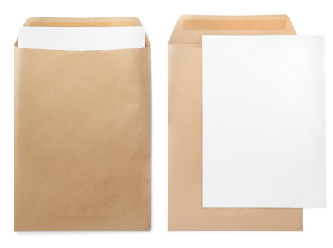 Document envelope and sheet of paper isolated on white, top view