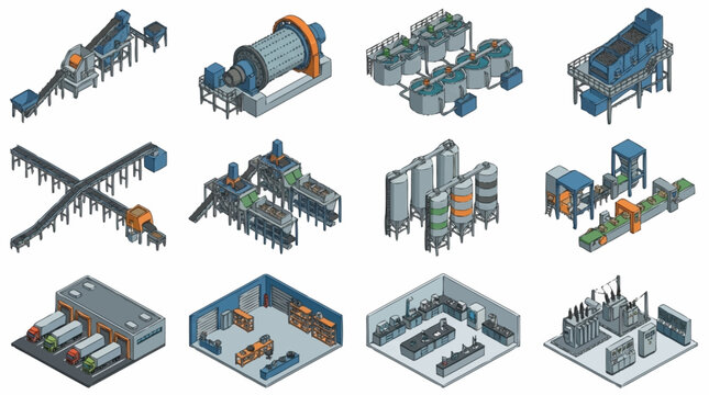 Isometric Industrial Factory and Warehouse Complex Illustrations.
