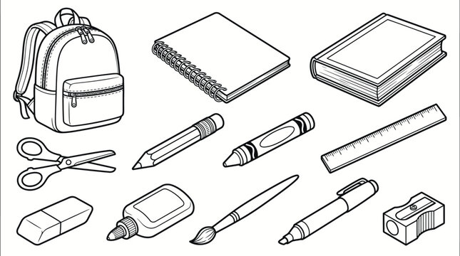 Line art collection of essential school and office supplies for creativity and learning, in isolated white background.