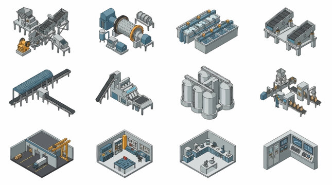 Isometric Industrial Factory Buildings and Machinery Set.